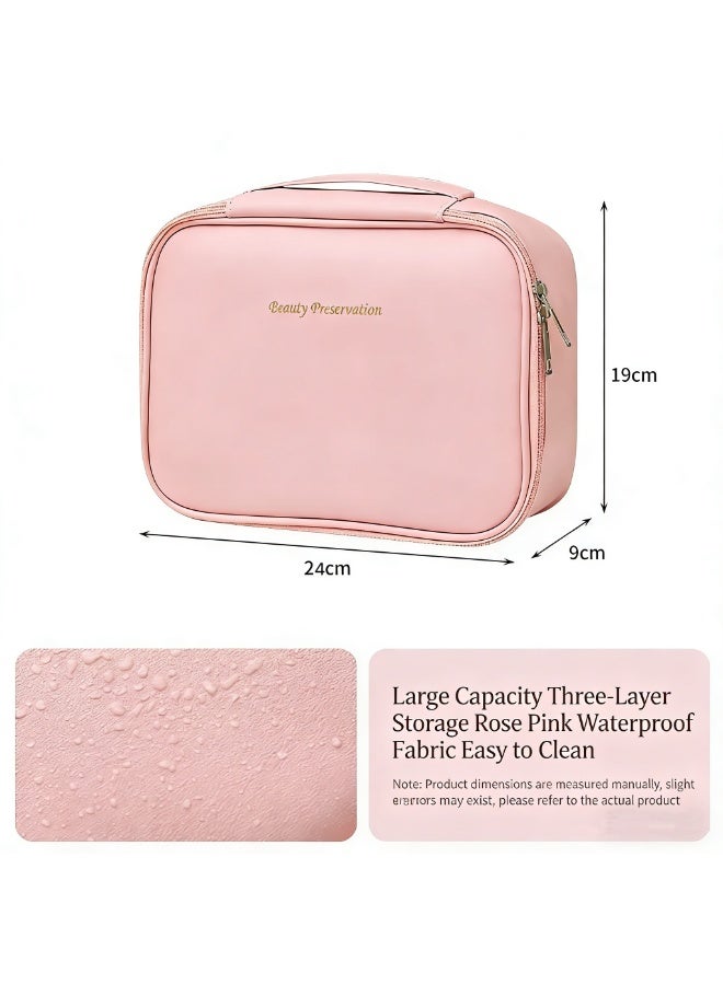 Multi-Layer Large Capacity Detachable Makeup Bag, Waterproof Portable Travel Storage Bag with Brush Storage,PU Leather Cosmetic Bag with Zipper,  Large Capacity Handheld Travel Cosmetic Bag with Compartments for Girls and Women (Pink) - Image 5